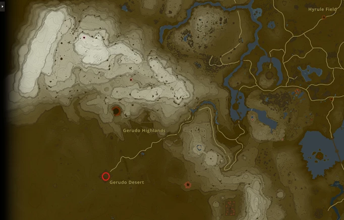 ein Bild der Karte von Zelda: Tears of the Kingdom, das den Standort der Stadt Gerudo zeigt