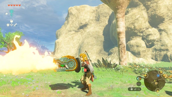 Link verwendet in The Legend of Zelda: Tears of the Kingdom einen Zonai-Flammenstrahler auf seinem Schild