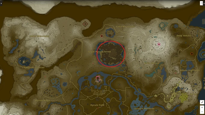 Ein Screenshot der Karte von Zelda: Tears of the Kingdom, der den Standort von Korok Fronds zeigt