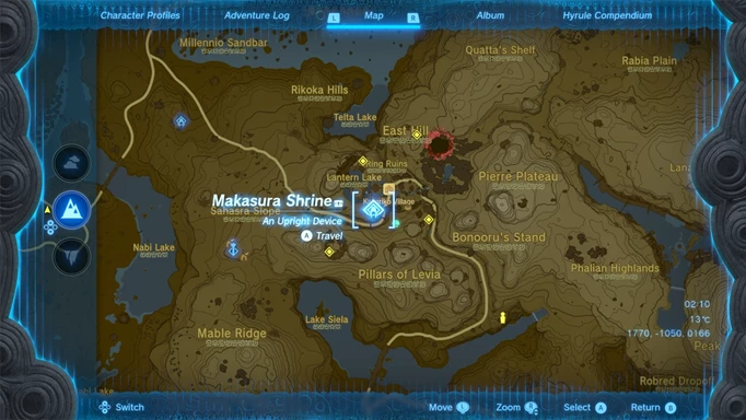 Screenshot des Kartenstandorts des Makasura-Schreins in Zelda: Tears of the Kingdom