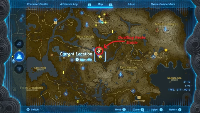 Screenshot des stabilen Kartenstandorts Dueling Peaks in Zelda: Tears of the Kingdom