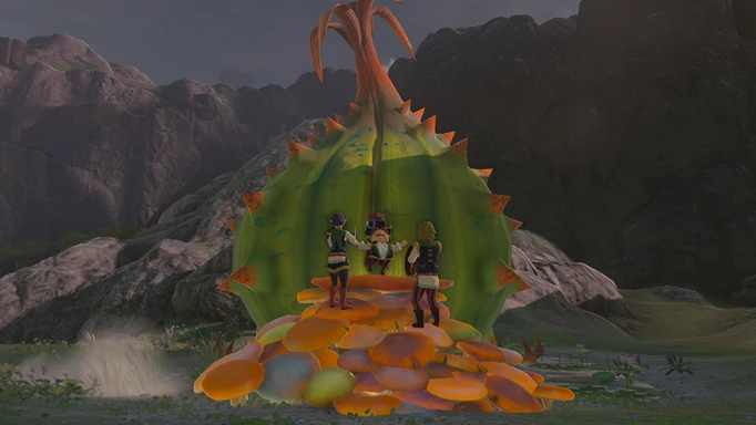 Screenshot der Truppe, die in Zelda: Tears of the Kingdom vor einem großen Feenbrunnen spielt