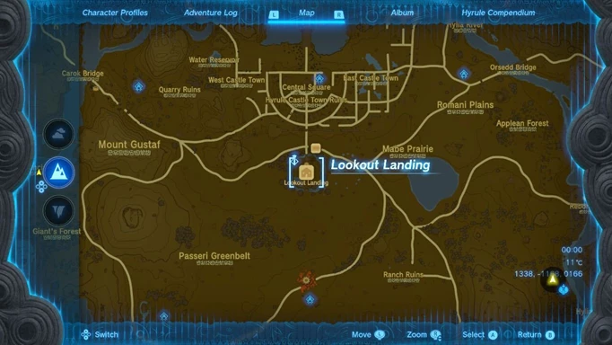 Das Bild zeigt eine Karte, die auf Lookout Landing in Zelda: Tears of the Kingdom zeigt