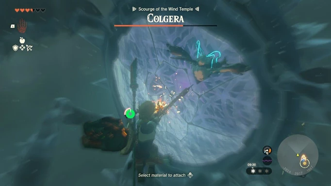 Das Bild zeigt Link und Tulin, wie sie in Zelda: Tears of the Kingdom schießen und mit einem Pfeil in Colgeras Schwachstelle schießen