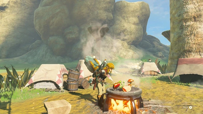 Link verwendet ein Feuer und einen Kochtopf, um in The Legend of Zelda: Tears of the Kingdom ein leckeres Gericht zuzubereiten
