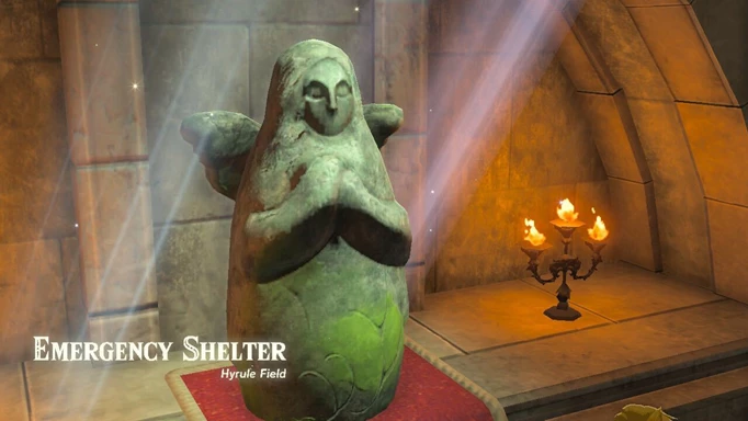 Das Bild zeigt eine kleine Göttinnenstatue in der Notunterkunft in Zelda: Tears of the Kingdom