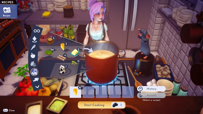 Screenshot im Spiel, der zeigt, wie man im Disney Dreamlight Valley eine Käseplatte herstellt