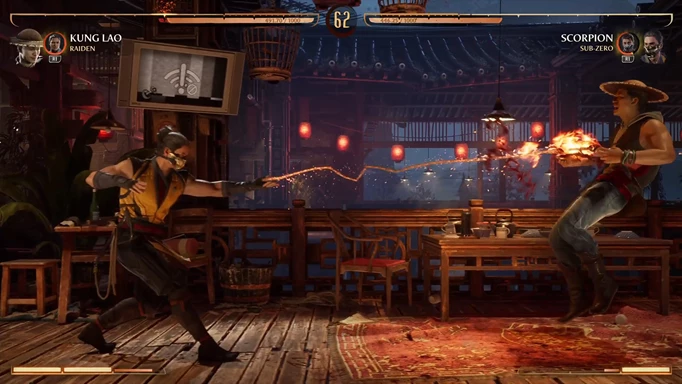 Gameplay-Screenshot von Scorpion, der Kung Lao in Mortal Kombat 1 mit seinem Speer schlägt