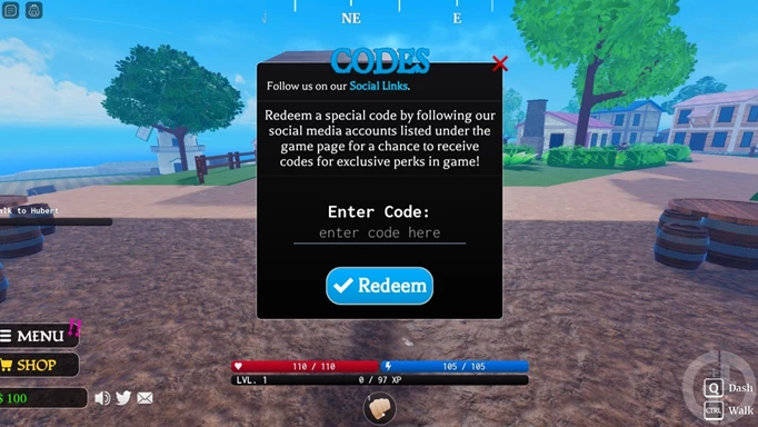 Der Code-Einlösungsbildschirm in Pirate Legacy für Roblox