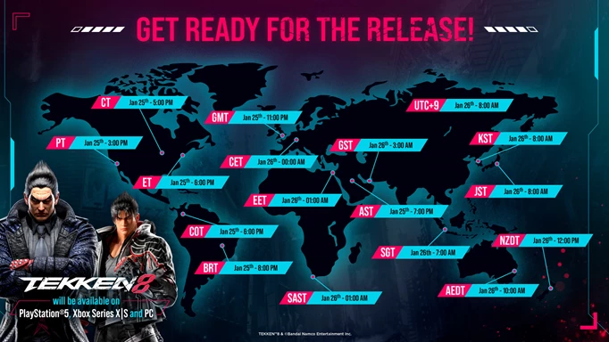 Eine Weltkarte mit der Veröffentlichungszeit von Tekken 8 in jeder Region