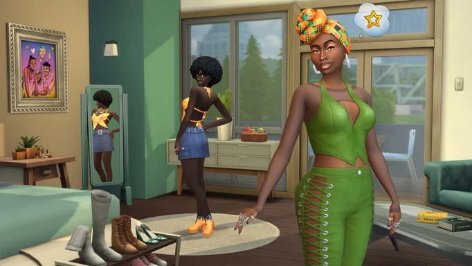 Screenshot von zwei Sims, die Gegenstände aus dem Urban Homage Kit in Die Sims 4 tragen