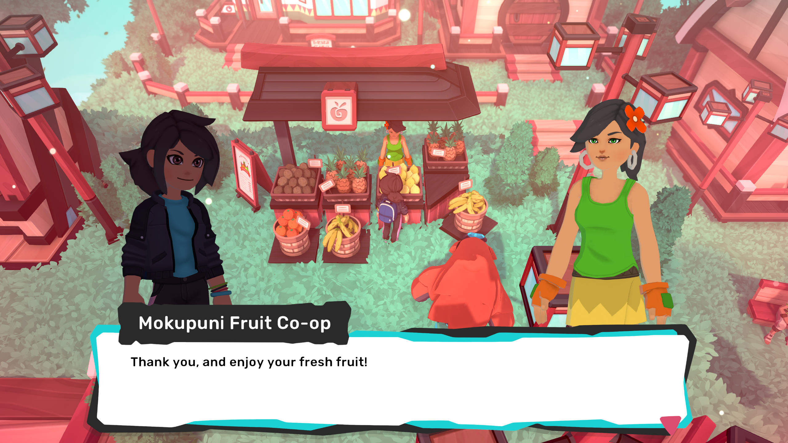 Temtem-Screenshot eines Dompteurs, der die Mokupuni Fruit Co-op in Omninesia besucht.  Der Stand wird von einer Frau mit einer roten Blume im dunklen Haar bedient, die eine grüne Bluse und einen gelben Rock trägt.  Sie sagt, "Vielen Dank und genießen Sie Ihr frisches Obst!"
