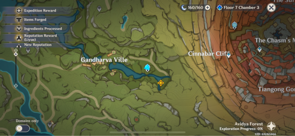 Karte mit dem Standort der ersten Statue der Sieben, die in Sumeru in der Nähe von Gandharva Ville angetroffen wurde