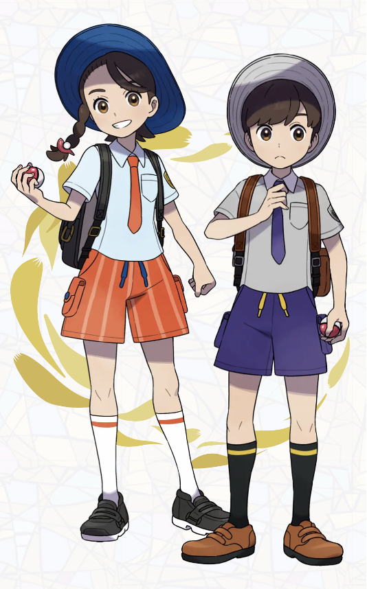 Die beiden Trainer bilden Pokémon Scarlet und Violett.  Das Kind auf der rechten Seite trägt lila Shorts und eine lila Krawatte, während das Kind auf der linken Seite orangefarbene Shorts mit einer passenden orangefarbenen Krawatte trägt.