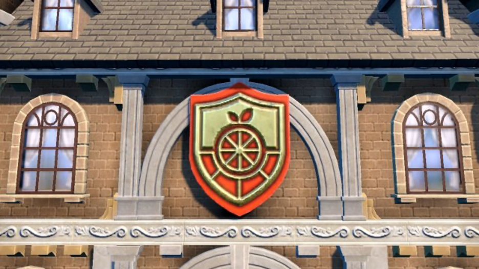 Das Emblem der Naranja Academy, der Schule in Pokémon Scarlet, ist ein Querschnitt einer Orange auf einem orangefarbenen Schild.