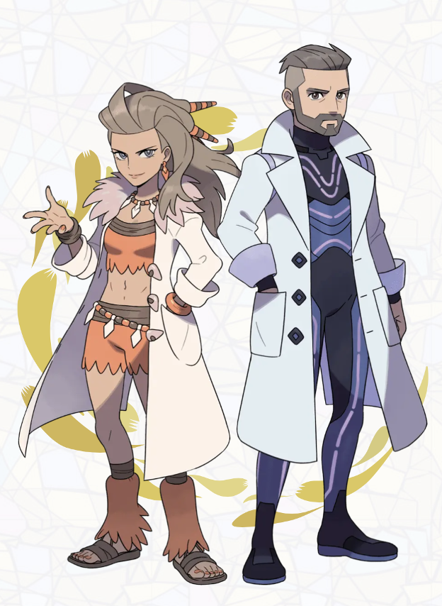 Die Professoren von Pokémon Scarlet und Violett.  Rechts ist Professor Turo, ein Mann mit einem weißen Laborkittel über einem scheinbar violetten Neoprenanzug.  Auf der linken Seite ist Professor Sada, der einen weißen Laborkittel über einem orangefarbenen Crop-Top und Shorts trägt.  Abgesehen von ihrem Laborkittel sehen alle ihre Kleider aus, als wären sie aus Tierhäuten.