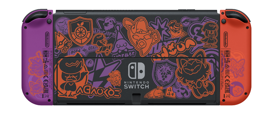 Die Rückseite des neuen OLED Switch, die mit lila und orangefarbenen Pokémon aus Pokémon Scarlet und Violet verziert ist.  Der linke Joy-Con ist lila und der rechte Joy-Con ist rötlich-orange.