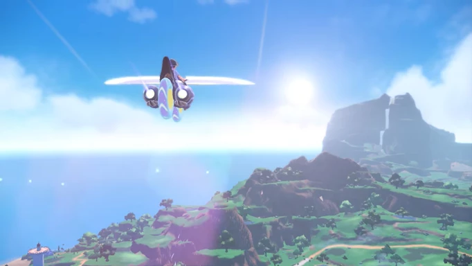 Ein Trainer, der vom Rücken seines Pokémon über die Region fliegt
