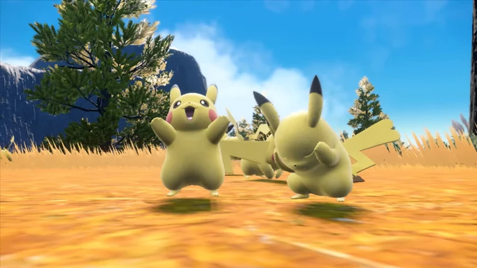Zwei wilde Pikachu springen auf und ab.