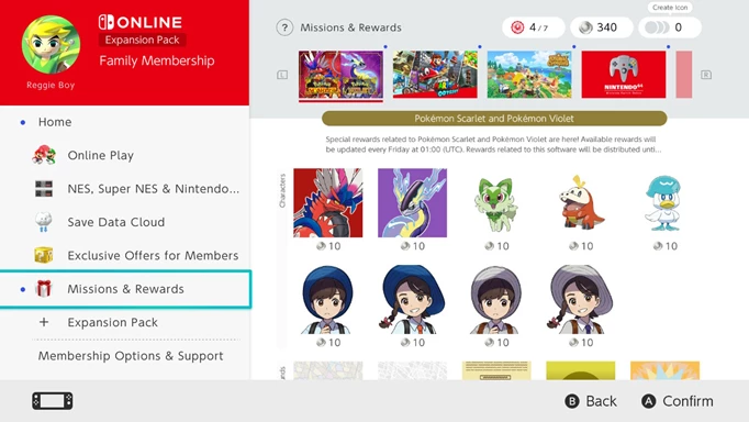 Mission und Belohnungen im Menü von Nintendo Switch Online auswählen.  Ein Teil davon, wie man Pokemon Scarlet- und Violet Switch-Symbole erhält