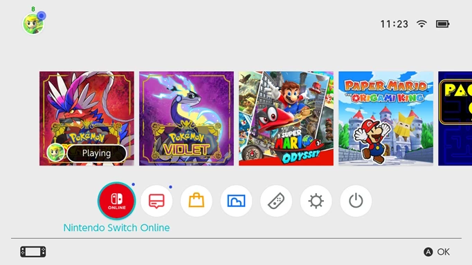 Der Nintendo Switch-Startbildschirm mit hervorgehobener Nintendo Switch Online-Schaltfläche, um zu veranschaulichen, wie Sie die Pokemon Scarlet- und Violet Switch-Symbole erhalten