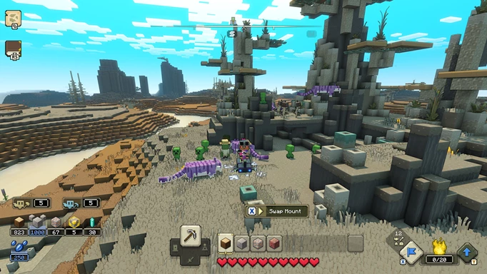 Screenshot des Charakters in Minecraft Legends in einem Deset, umgeben von lila Großkatzen