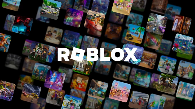 Das Roblox-Logo vor Screenshots aus vielen verschiedenen Roblox-Spielen