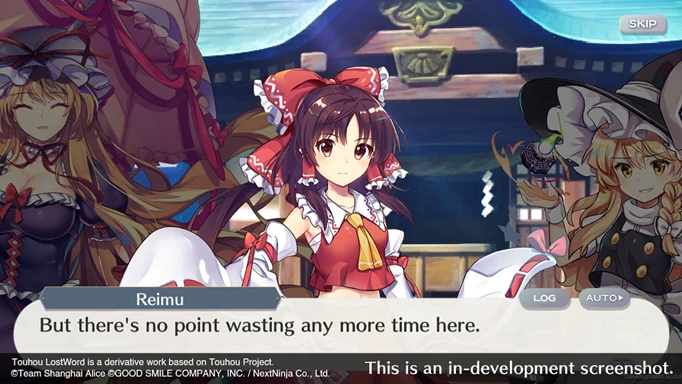 Screenshot von Reimu mit einem Textfeld mit der Aufschrift „Aber es hat keinen Sinn, hier noch mehr Zeit zu verschwenden“