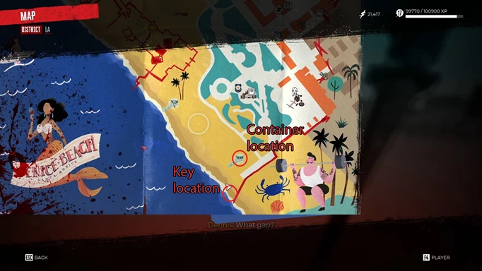 ein Bild der Dead Island 2-Karte, das die Schlüsselposition des Lifeguard Hut Safe zeigt