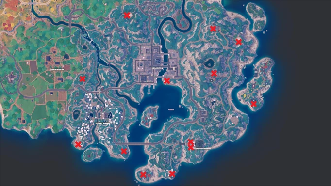 Screenshot der Fortnite-Karte mit markierten Gong-Standorten