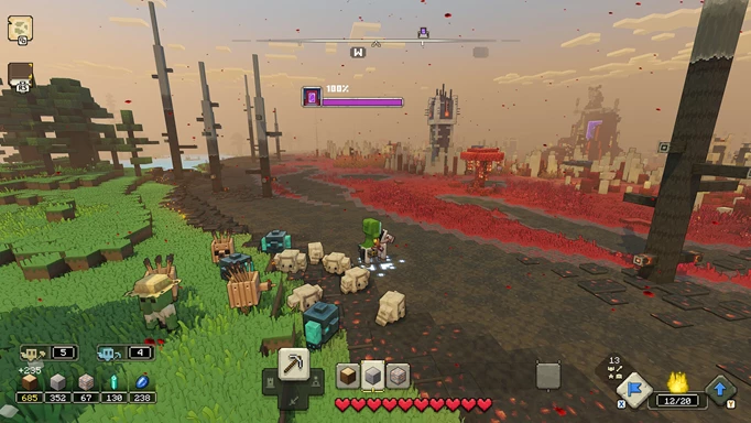 Screenshot von Minecraft Legends, wo der Charakter auf einem Pferd sitzt und von Monstern verfolgt wird