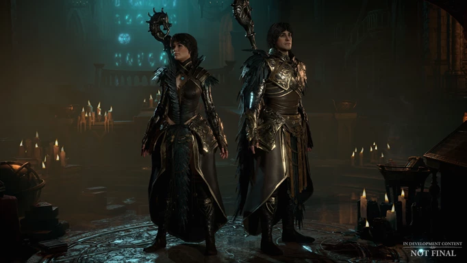 In-Engine-Screenshot von Diablo 4 mit zwei Charakteren, die Rücken an Rücken stehen