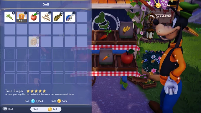 Screenshot, der den Verkaufspreis von Thunfischburger im Disney Dreamlight Valley zeigt