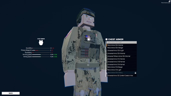 ein Bild des BattleBit Remastered-Charakterbildschirms, auf dem Sie Rüstungen ausrüsten können