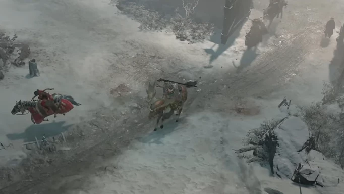Mehrere Spielercharaktere reiten in Diablo 4 auf Pferden