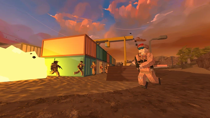 ein Werbebild von BattleBit Remastered, das einige Soldaten in der Nähe einer Explosion zeigt