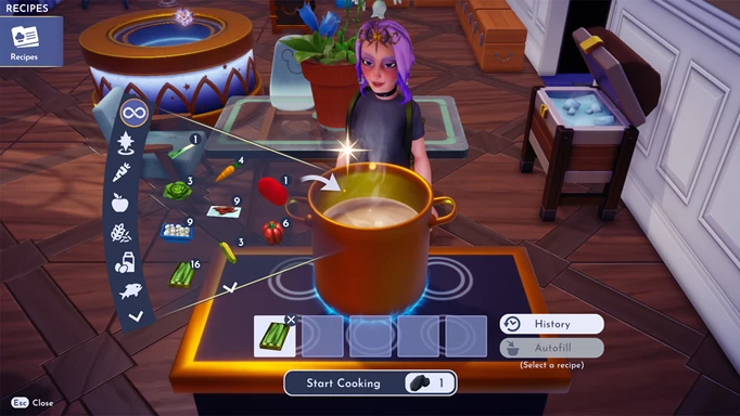 Screenshot der Zutaten, die für die Zubereitung von Okra-Suppe im Disney Dreamlight Valley benötigt werden
