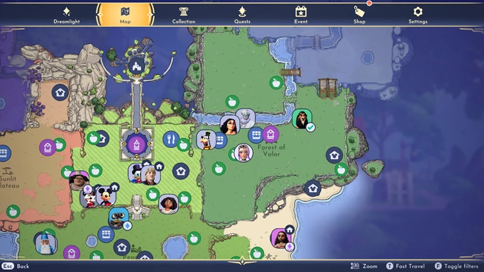 Screenshot, wo Orange Star Lily auf der Karte von Disney Dreamlight Valley zu finden ist