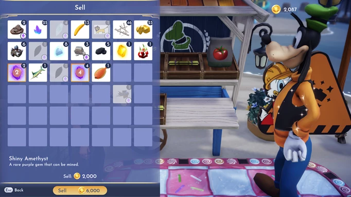 Disney Dreamlight Valley-Screenshot vom Verkauf von Amethyst und Shiny Amethyst bei Goofy's Stall