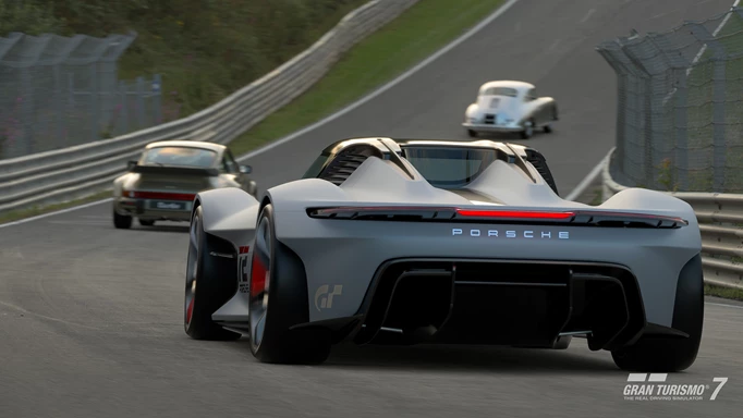 Ein Renn-Screenshot von Gran Turismo mit mehreren Porsches