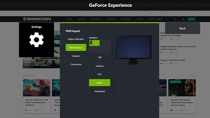 GeForce Experience FPS-Zählermenü