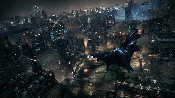 Batman gleitet in Batman: Arkham Knight über die düstere Stadt Gotham