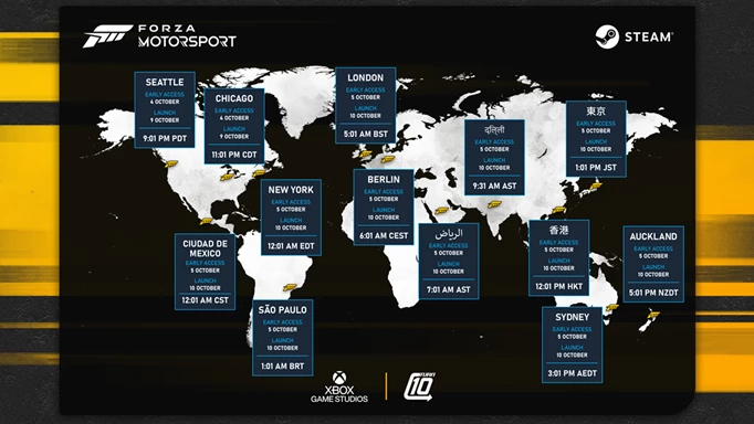 Die Veröffentlichungszeiten von Forza Motorsport auf Steam sind auf der ganzen Welt angegeben