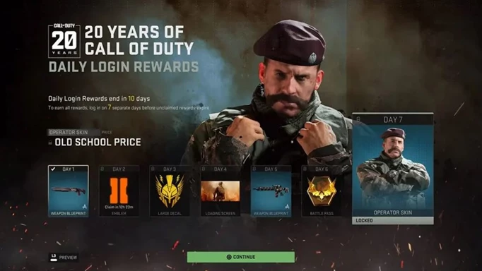 Das In-Game-Menü für die täglichen Login-Belohnungen für 20 Jahre Call of Duty