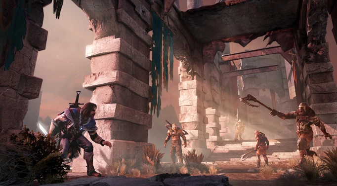 Talion schleicht sich in Shadow of Mordor, einem der besten Spiele wie Assassin's Creed, an einige Orks heran