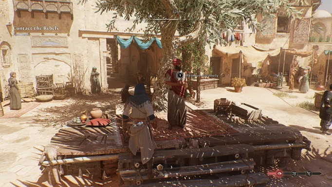 Ein Bild, das zeigt, wie man die Bekanntheit in Assassin's Creed: Mirage verringern kann, indem man einen Munadi besticht