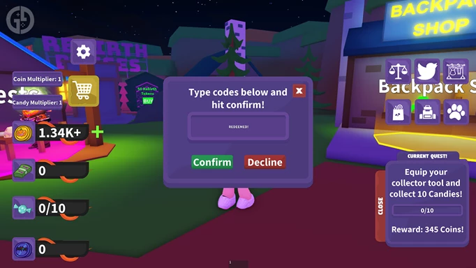 Einlösen eines Codes im Candy Collecting Simulator