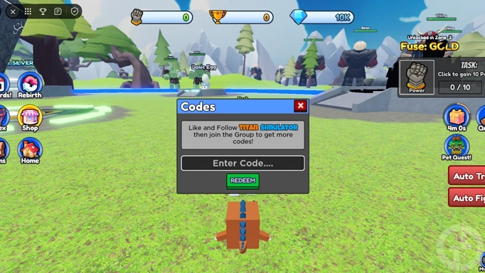 Der Code-Einlösungsbildschirm im Roblox Titan Simulator X
