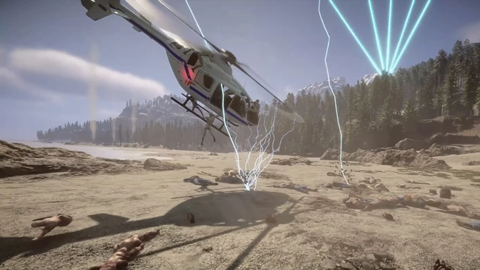 In Sons of the Forest wird ein Hubschrauber von Mutanten angegriffen