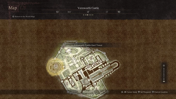 Karte von Dragon's Dogma Two, die zeigt, wo sich der Gefängnisturm befindet